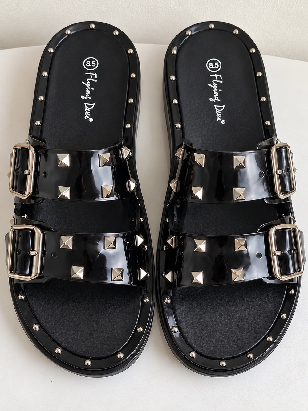 Black Studded Double-Buckle Slide Sandals